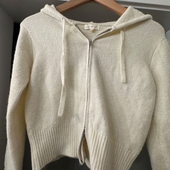 Nordstrom White Sweater Knit Soft Fuzzy Zip-Up Hoodie Cardigan Cream Small - Picture 2 of 3
